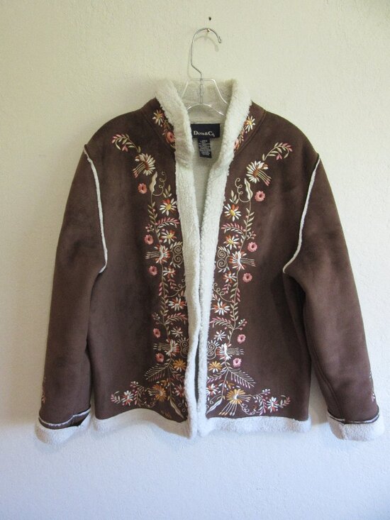 Denim&Co Jackets & Blazers - Denim & Co Brown Faux Suede Embroidered L Floral Pattern Fleece Interior Jacket